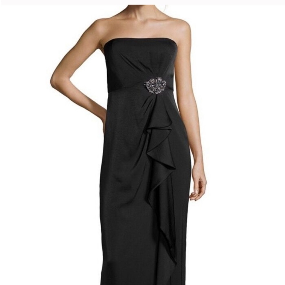 BCBG navy strapless gown with brooch